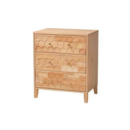 Baxton Studio Hosea Japandi Carved Honeycomb Natural 3-Drawer Chest 246-13623-ZORO